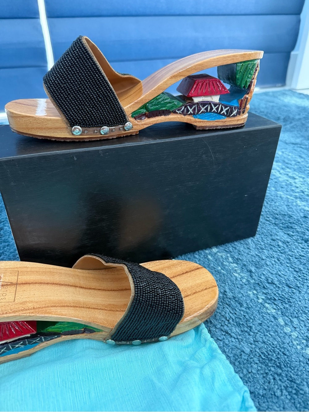 Hand-Painted Wooden Wedge Slide Sandals - Black